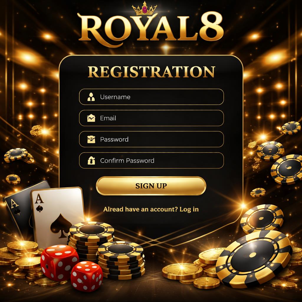 Royal8 account login interface for the gaming platform showcasing online casino entertainment slots and live dealer action